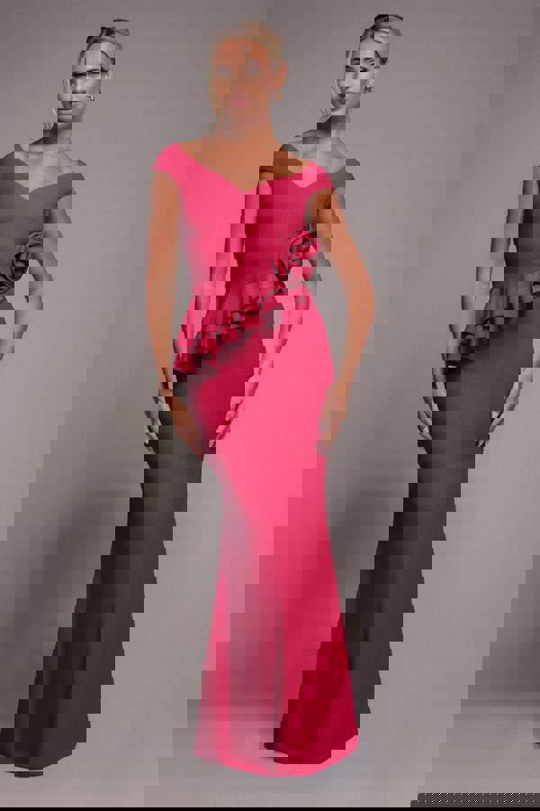 Scuba Crepe Rose Frill Maxi Dress - Magenta DR4281
