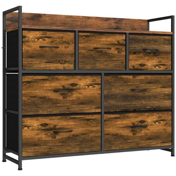 Chest of Drawers with 7 Drawers, Industrial Fabric Storage Unit with Top Shelf and Steel Frame for Bedroom, Rustic Brown