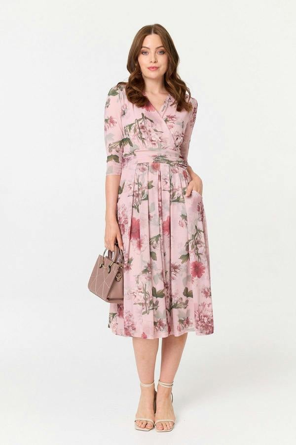 Pink | Floral 3/4 Sleeve Wrap Front Midi Dress
