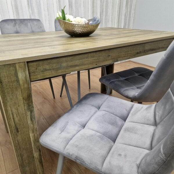 Kosy Koala Dining Table and 4 Chairs Rustic Effect Wood Table 4 Grey Velvet Chairs Dining Room