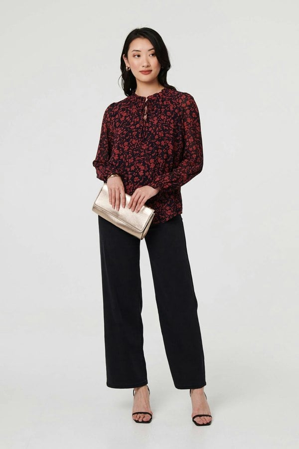 Navy | Printed Frilled Tie Neck Blouse
