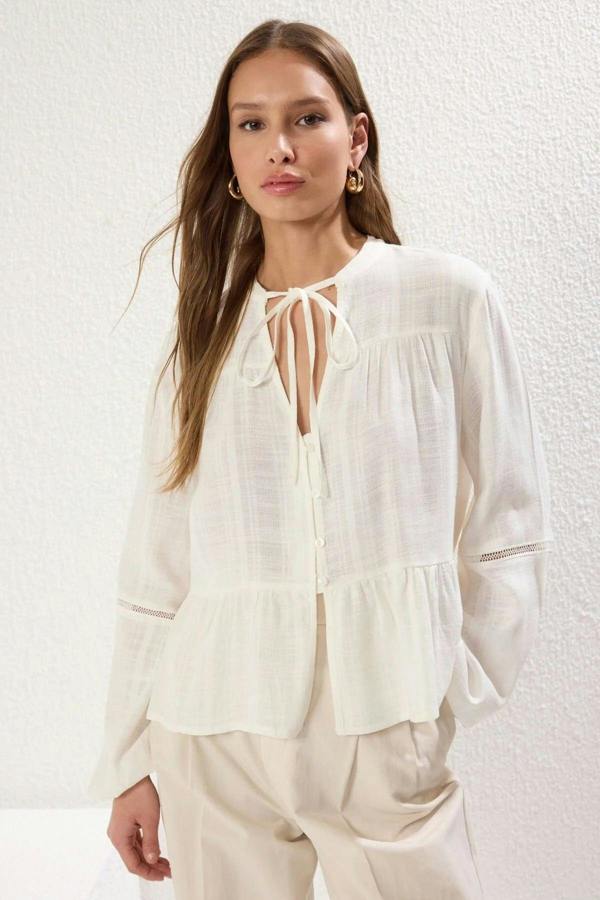 Hoxton Gal Cotton-Textured Regular Fit Woven Shirt with Lace Sleeve Detail