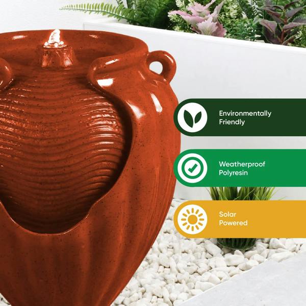 DMD Collective Solar Powered Red Vase Water Feature with LED Light & Battery Backup