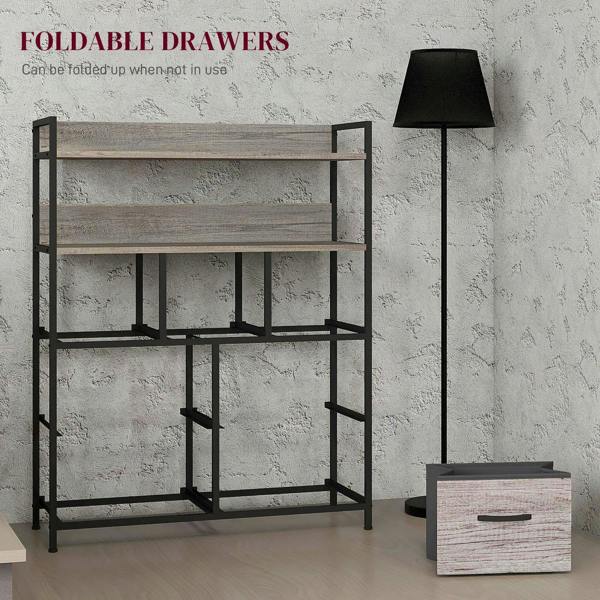 Grey wood-effect seven-drawer cabinet with open shelves and foldable fabric drawers