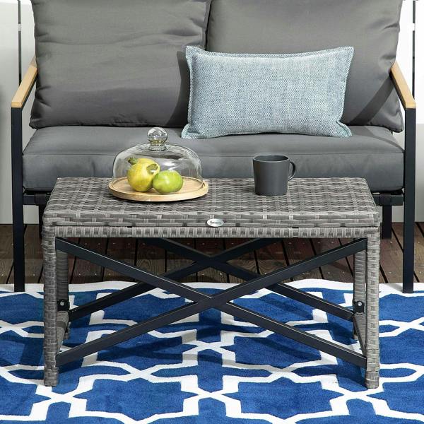Grey rattan outdoor table with black X-frame, square top, and four legs