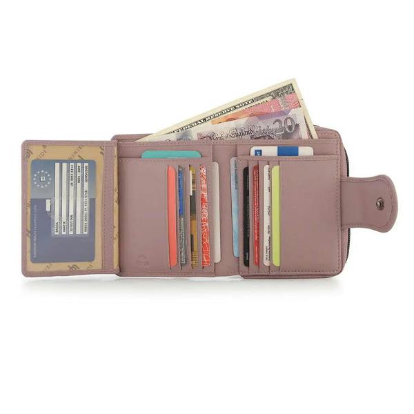 Pink wallet with card slots and a bill compartment on a white background