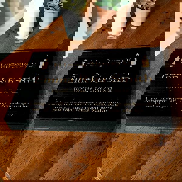 Memorials Direct Granite Memorial Tablet with Candle Design, Free Personalised Gold Engraving, Polished Black Granite