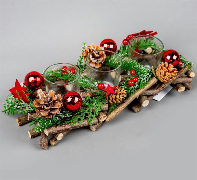 Shatchi 28cm Rustic Twig Triple Tea Light Candle Holder with Red Festive Decorations