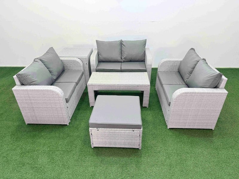 Fimous  7 Seater PE Wicker Rattan Furniture Sofa Sets with Oblong Coffee Table 2 Seater Love Sofa Big Footstool Side Table Light Grey
