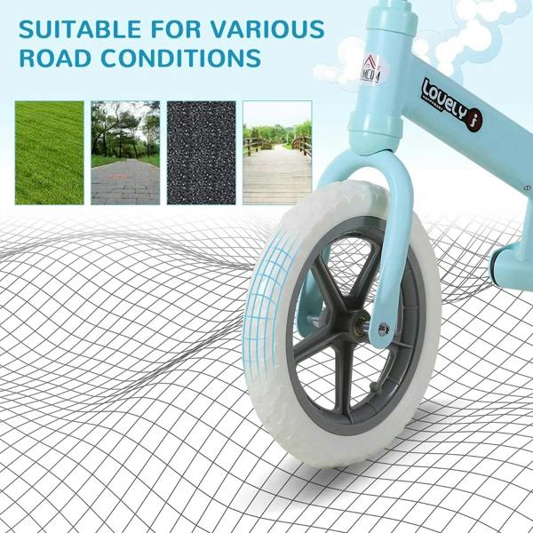 Front wheel of light blue kids balance bike with white EVA tire and gray spoke rim