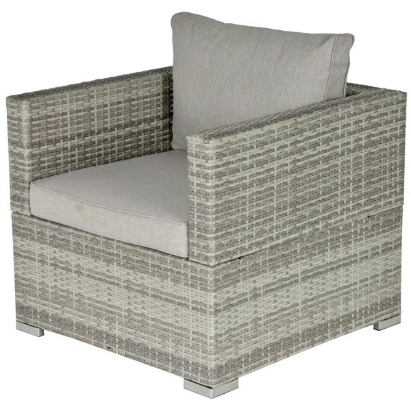 Grey PE rattan weave single seater armchair with padded seat and back cushions