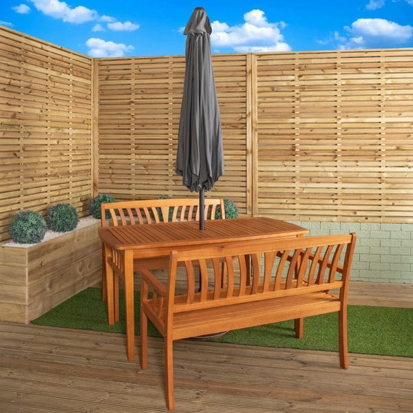 Samuel Alexander Outdoor 4 Person Rectangular Wooden Dining Table 2 Benches with Grey Havana Parasol & Base