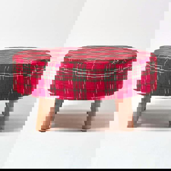 HOMESCAPES Traditional Red, Green and White Tartan Flat Footstool with Legs