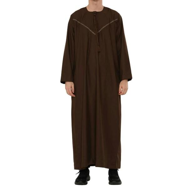 HM10 - Men's Emirati Omani Zipped Embroidery Thobe - Brown - Thobez - 50