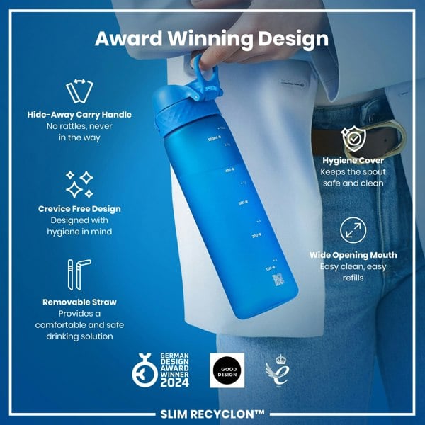 A blue water bottle is being held; it has a hide-away handle, removable straw, and wide mouth. Award-winning design features include crevice-free construction and a hygiene cover. The bottle is labeled "SLIM RECYCLON™".