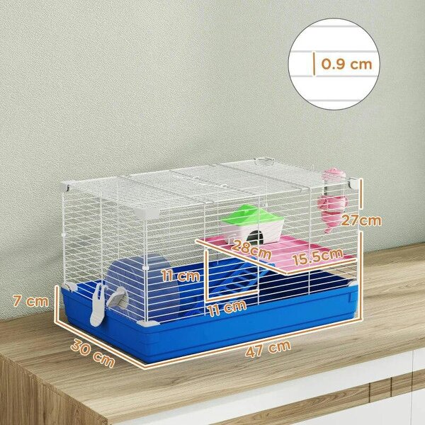 Hamster Cage, Small Gerbil Cage 2 Tiers Portable w/ Handle, Exercise Wheel, Water Bottle, Dishes, Blue