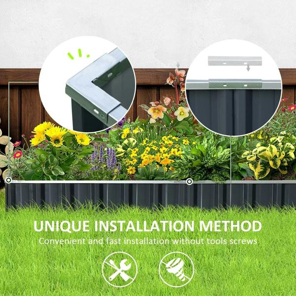 Dark gray metal raised garden bed with included white gardening gloves and comb tools