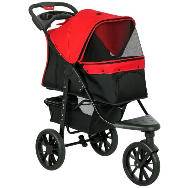 Red and black 3-wheel foldable pet stroller with canopy and mesh sides