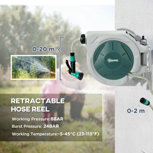 Bobobiy Retractable Hose Reel Wall Mounted, 20+2m Garden Hose Pipe Reel with Lock, 7 in 1 Spray Nozzle, 180° Swivel, 48 x 20 x 42 cm, Light Grey