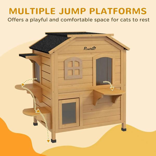 Outdoor wooden 2-story cat house with multiple jump platforms and front window and door openings