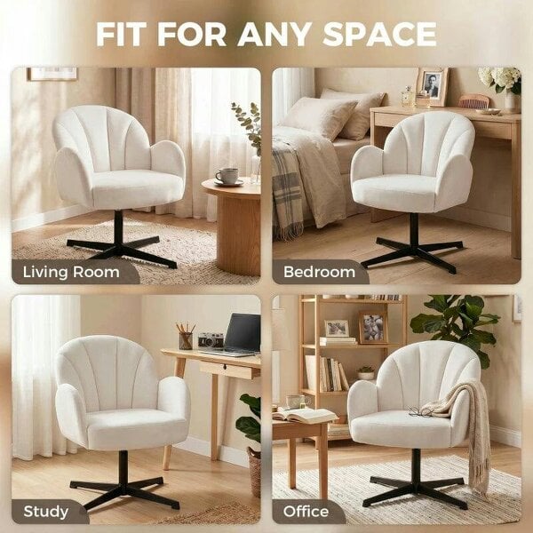 Bobobiy Swivel Accent Chair, Shell-Shaped Armchair with Spring Cushion, Metal Base, Cream White