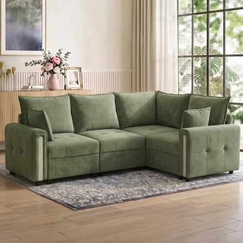 HOMCOM 228cm L Shaped Sofa 3-Seater Sectional Sofa with Storage - Dark Green