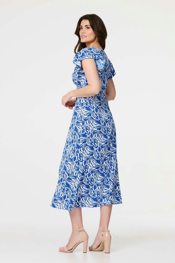 Blue | Printed Frill Cap Sleeve Midi Dress