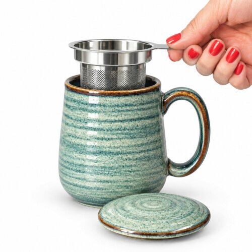 Skandi Home Aska Large Sea Green Reactive Glaze Ceramic Infuser Mug with Lid and removable Stainless Steel Infuser