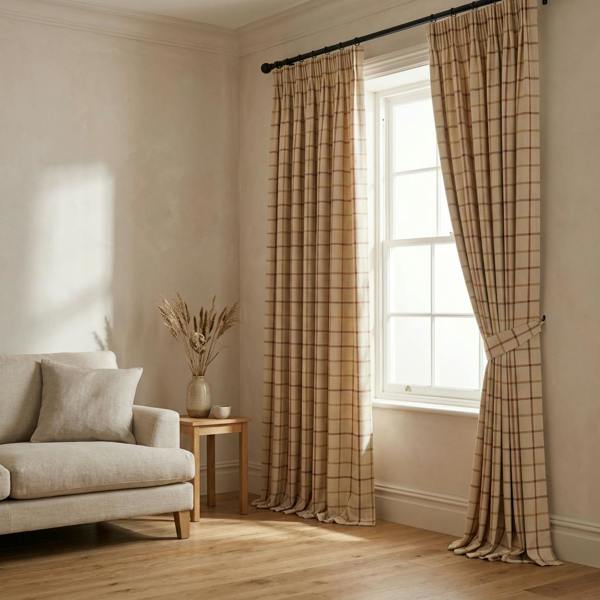 Mull made-to-measure curtains in Harvest, styled in a living room