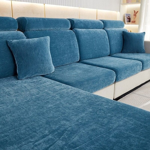 Anyhouz Anyseat Sofa Cover Dark Blue L-Shape Polyester Chenille Thick Stretchable Cushion For Living Room Normal Size Medium
