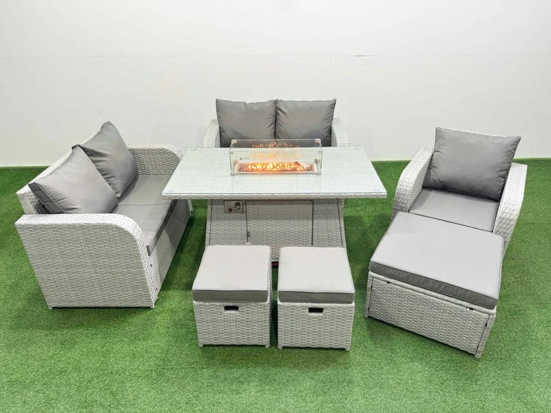 Fimous High Back Rattan Garden Furniture Set with Reclining Chair Loveseat Sofa Fire Pit Dining Table Indoor Outdoor 3 Stools Light Grey