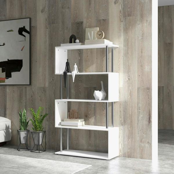 White S-shaped 5-tier bookcase with open cubbies and metal frame, freestanding
