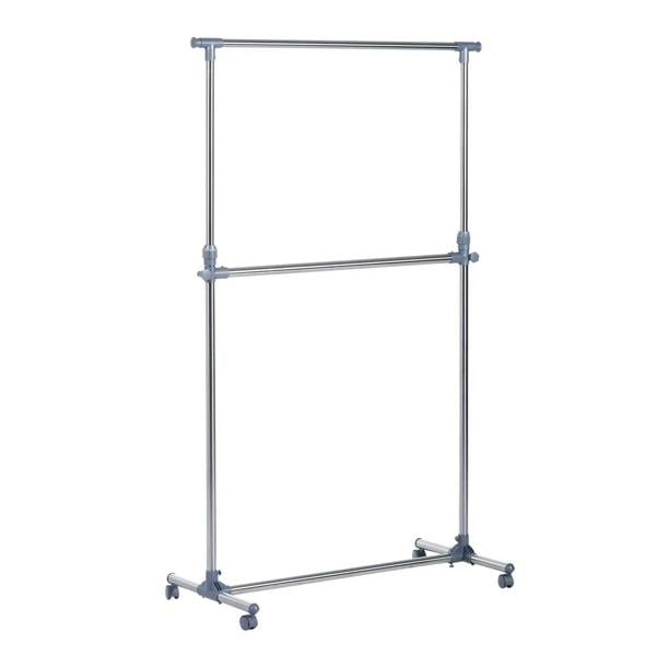Grey rolling garment rack with adjustable height frame and four caster wheels