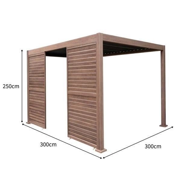 Wood effect aluminium pergola measuring 3x3m with two louvre panels, featuring a sleek design and textured brown finish