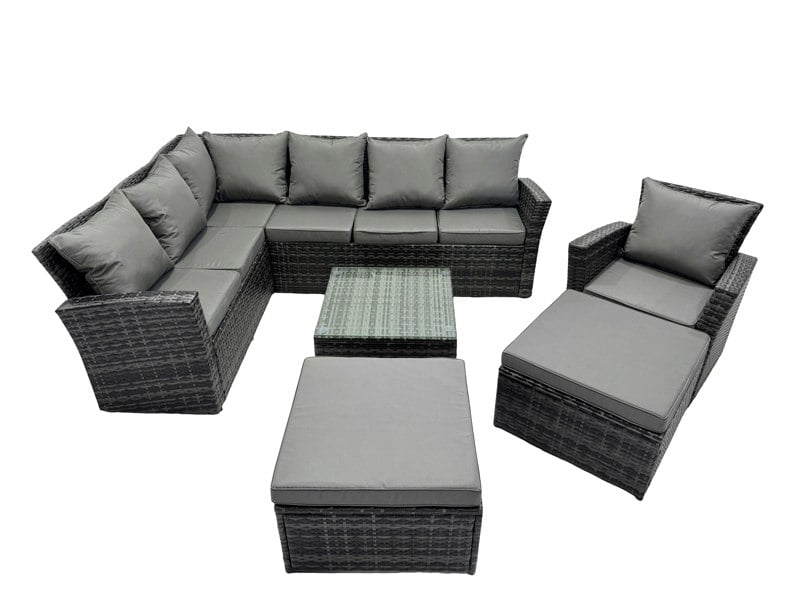Fimous 9 Seat Poly Rattan Outdoor Patio Coffee Table Corner Sofa Set with 2 Big Stool Chair for Garden Backyard Dark Grey Mixed