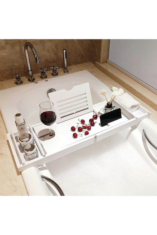 Living and Home Multifunction Expandable Bamboo Wooden Bathtub Caddy Tray Bathroom Storage Rack