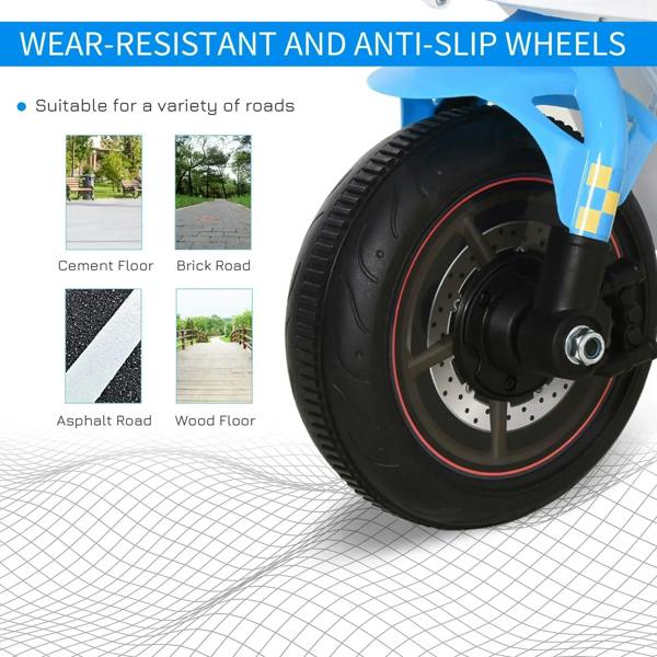 Black anti-slip wheels with red trim on a blue and white police ride-on bike