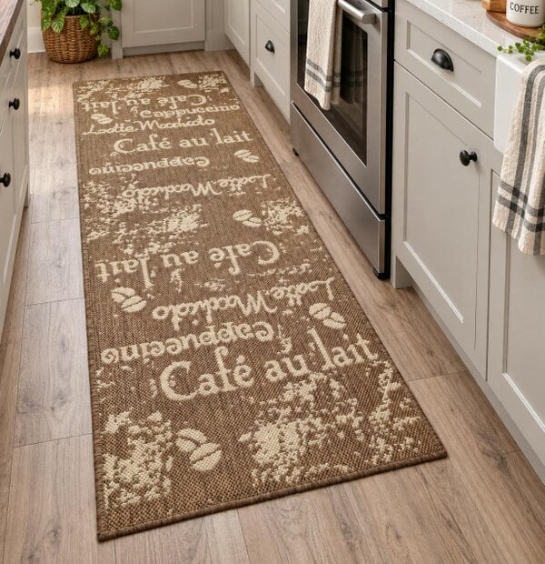 Viva Rugs Natural Brown Coffee Pattern Runner Rug Non-Slip Flat Weave Kitchen Hallway Carpet