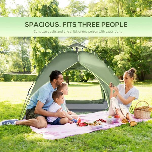 Green dome camping tent with open front and side mesh windows, spacious interior