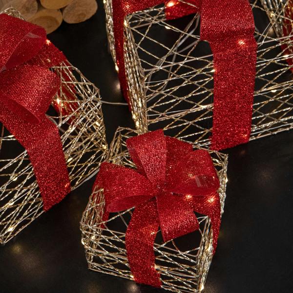 Samuel Alexander Set of 3 Gold Light Up Christmas Parcel Decorations with 90 Warm White LEDs
