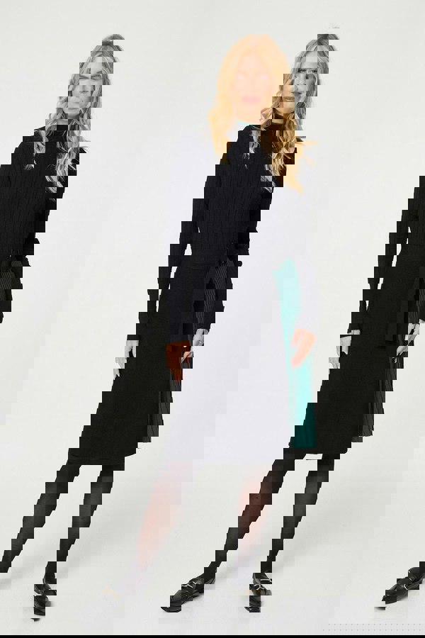 Black | Colour Block High Neck Pleated Knit Dress
