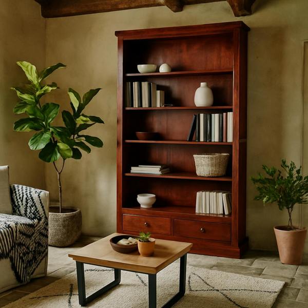 Wyld Haus Oxford Mahogany Mango Wood Bookcase 5 Shelves 2 Drawers
