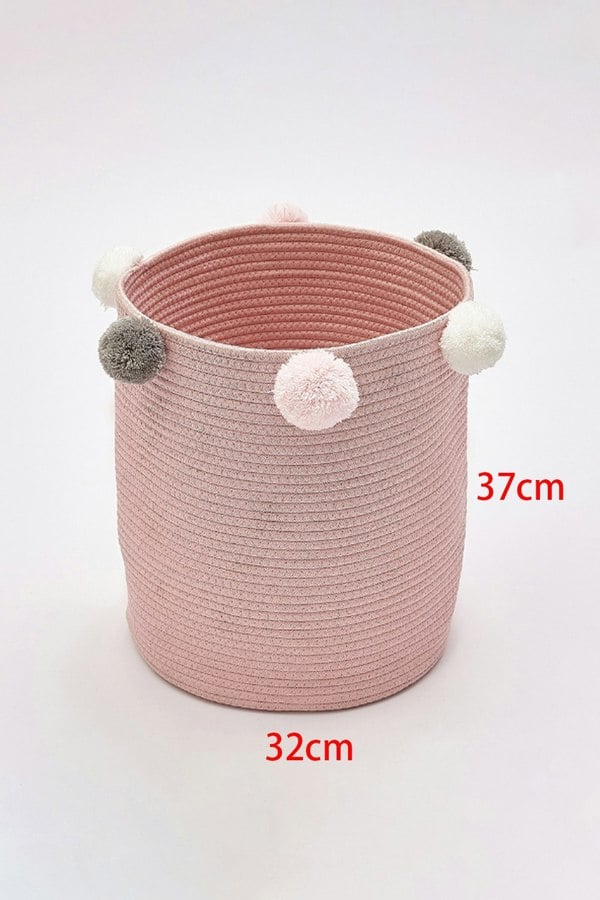 Living and Home Cotton Rope Basket Woven Laundry Blanket Toy Basket Organizer with Pompom Living Room Pink