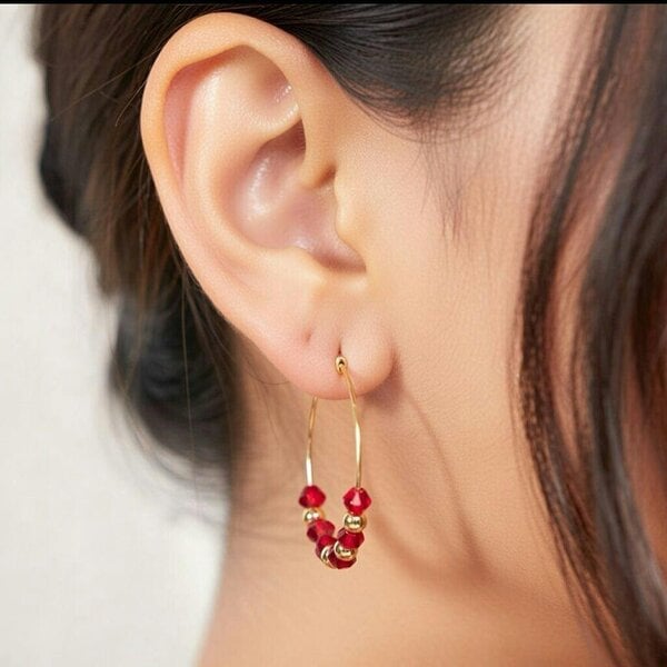 The Colourful Aura Gold Red Beaded 30mm Huggie Multicolour Dainty Boho Summer Hoop Bali Earring - Red