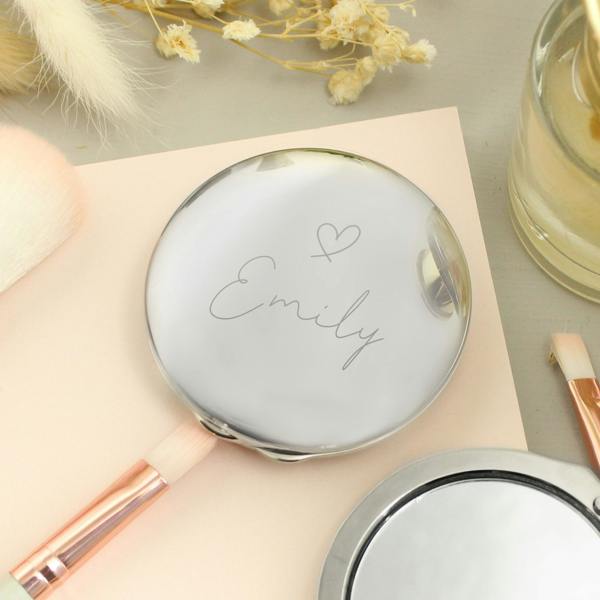 Abode Home & Gifts Personalised Silver Heart Motif Round Compact Mirror