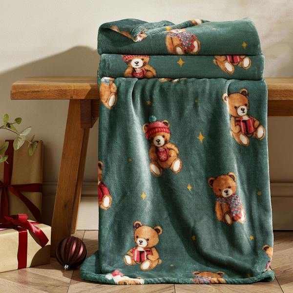 Catherine Lansfield Christmas Tartan Teddy Bear Fleece Cosy Blanket Throw Green