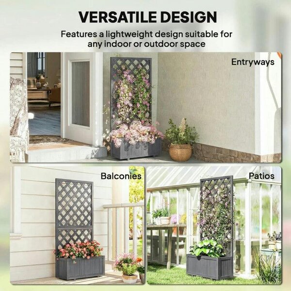 Wood Planter with Trellis for Climbing Plants, Raised Bed, Planter Box with Drainage Holes to Grow Herbs Flowers, Grey