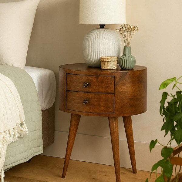 Wyld Haus Brescia Chestnut Mango Wood Oval Bedside Table 2 Drawers