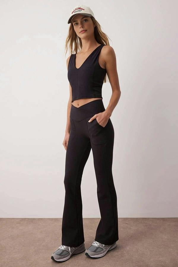 WOVCOR Wrap Waist and Flared Yoga Knit Sports Leggings with Pocket Detail