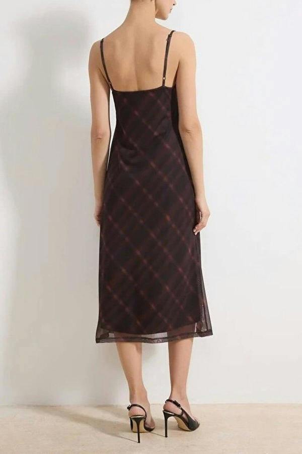 WOVCOR Plaid Bodycon V-Neck Thin Strap Sleeveless Ruched Maxi Tulle Knit Dress
